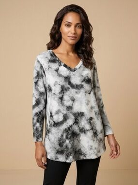 Tacera - Black & Gray Abstract Tie-Dye V‑Neck Long Sleeve Top - Size 2X